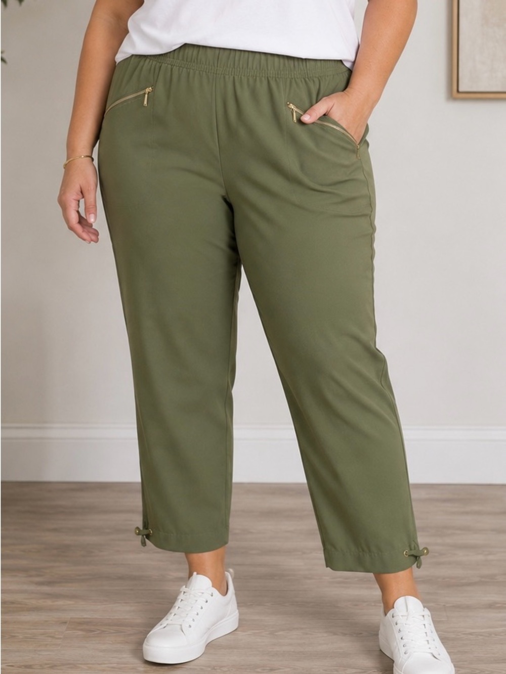 new directions Pull-On Pants Size XL (16-18) Olive Green Cropped Zip Pockets